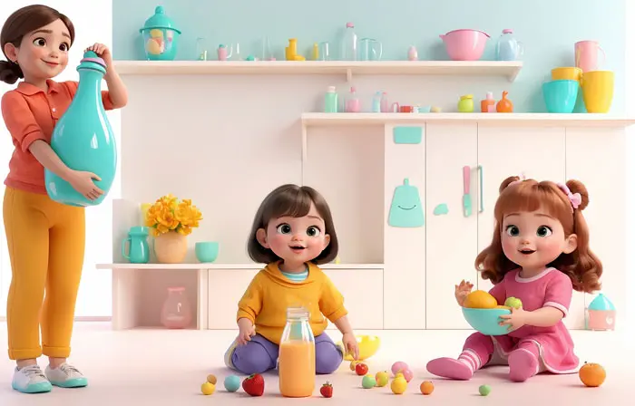 Playful Baby Girls Playing 3D Character Illustration